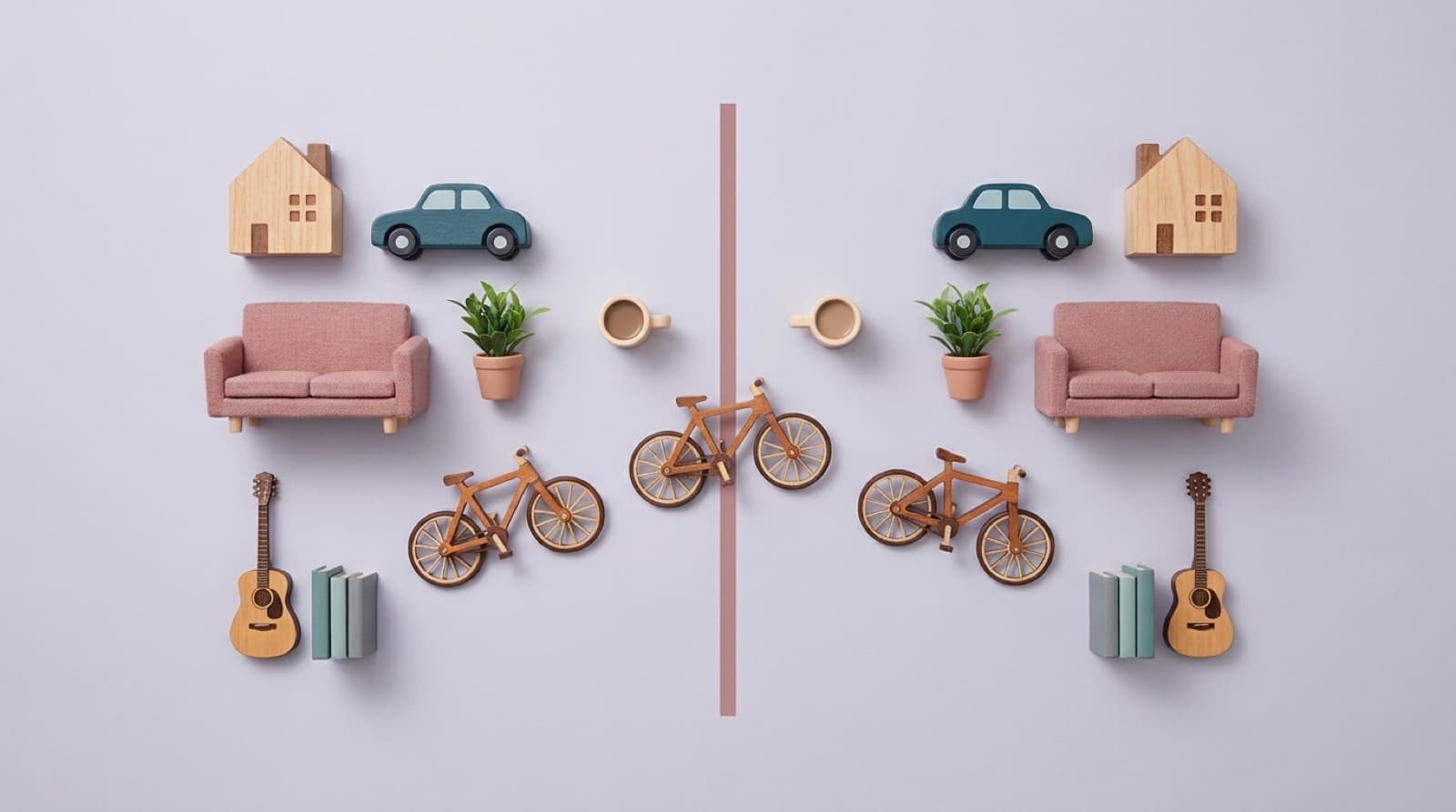 A miniature house, car, sofa, plant, guitar and books laid out in two halves either side of a soft dividing line — with one bicycle sitting right across the line.